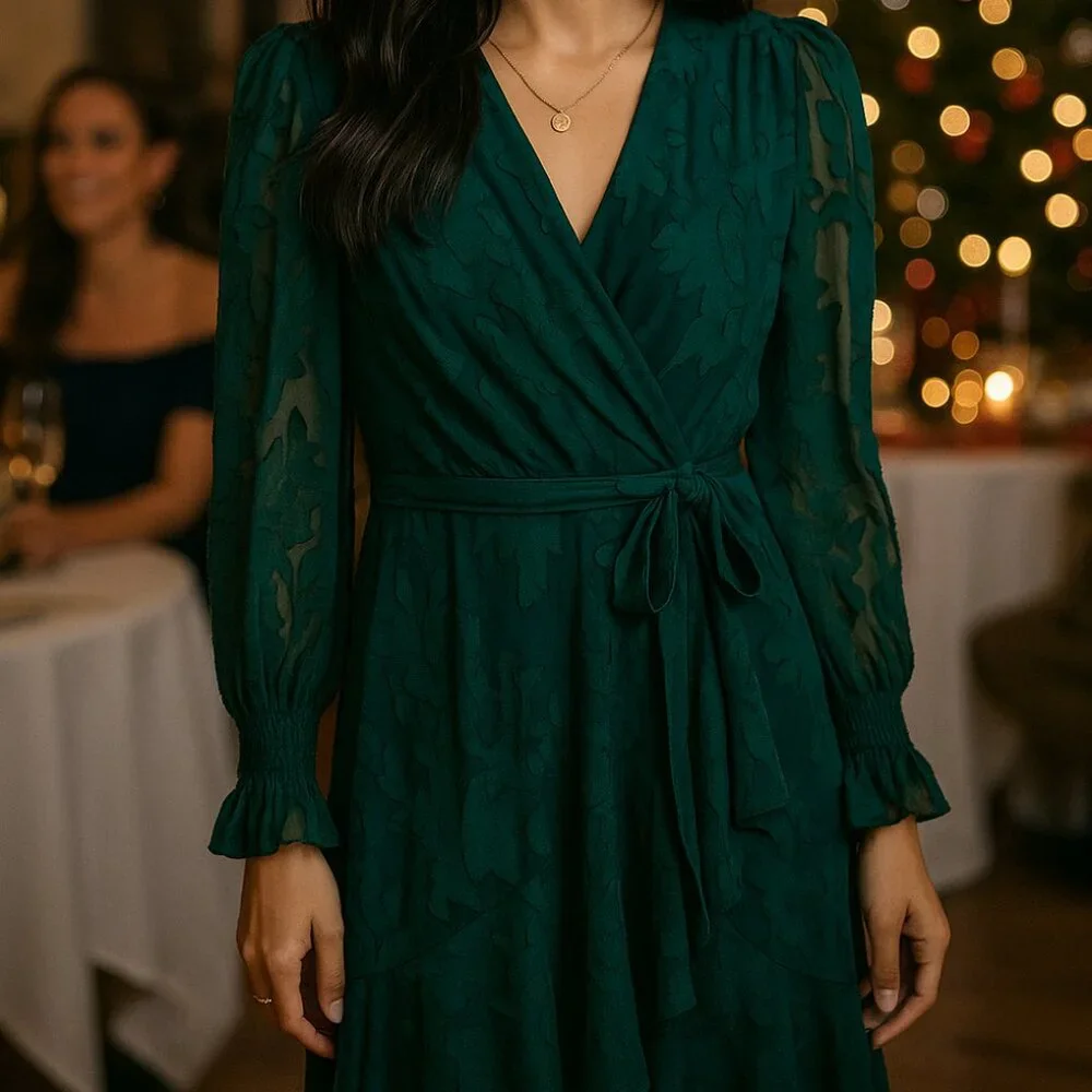 *HOLIDAY* Jessica Howard Long Sleeve Emerald Green Dress (Sz 4P) - Picture 1 of 16